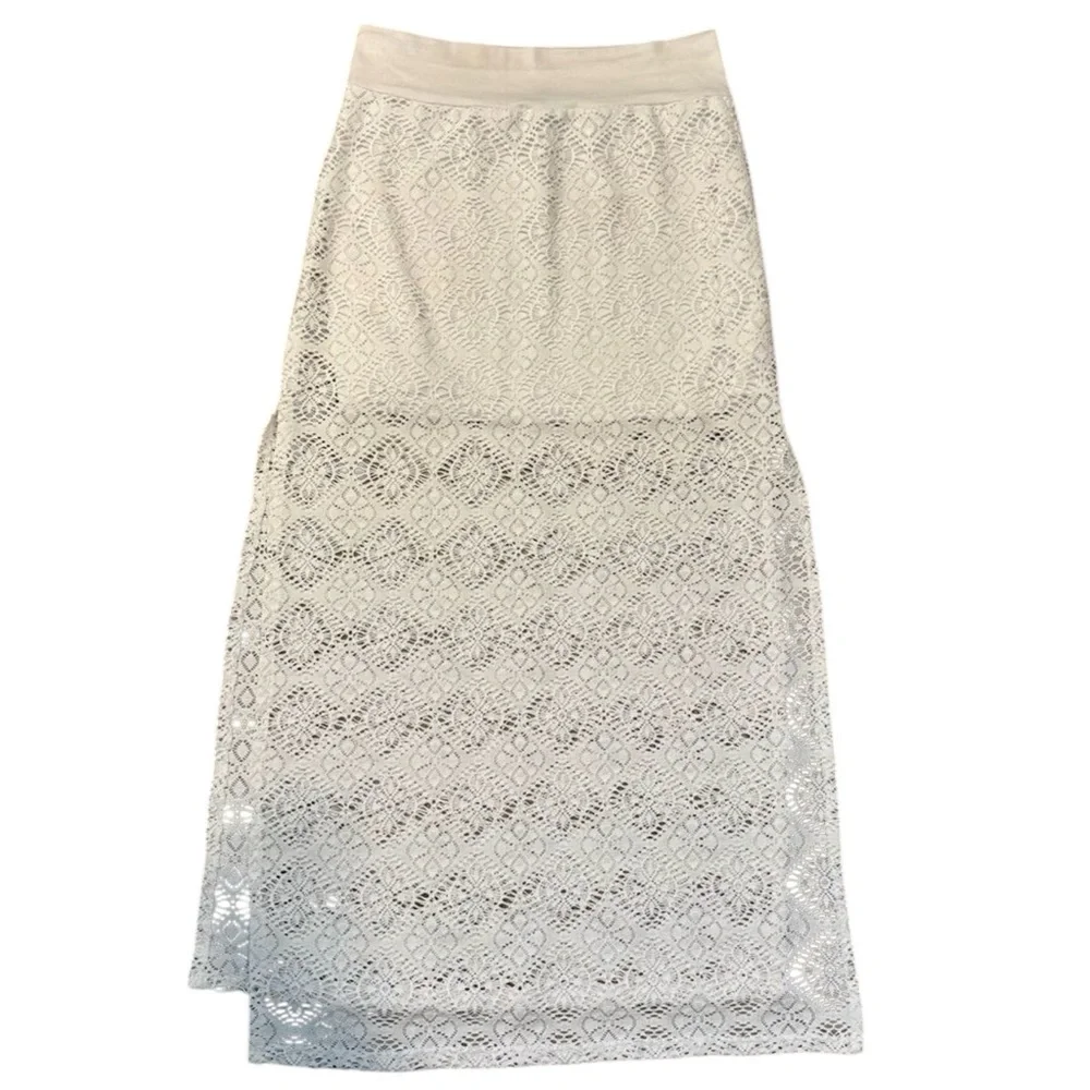 Solitaire swim White Lace Maxi Skirt Beach Cover Up Sheer Boho Resort size MED